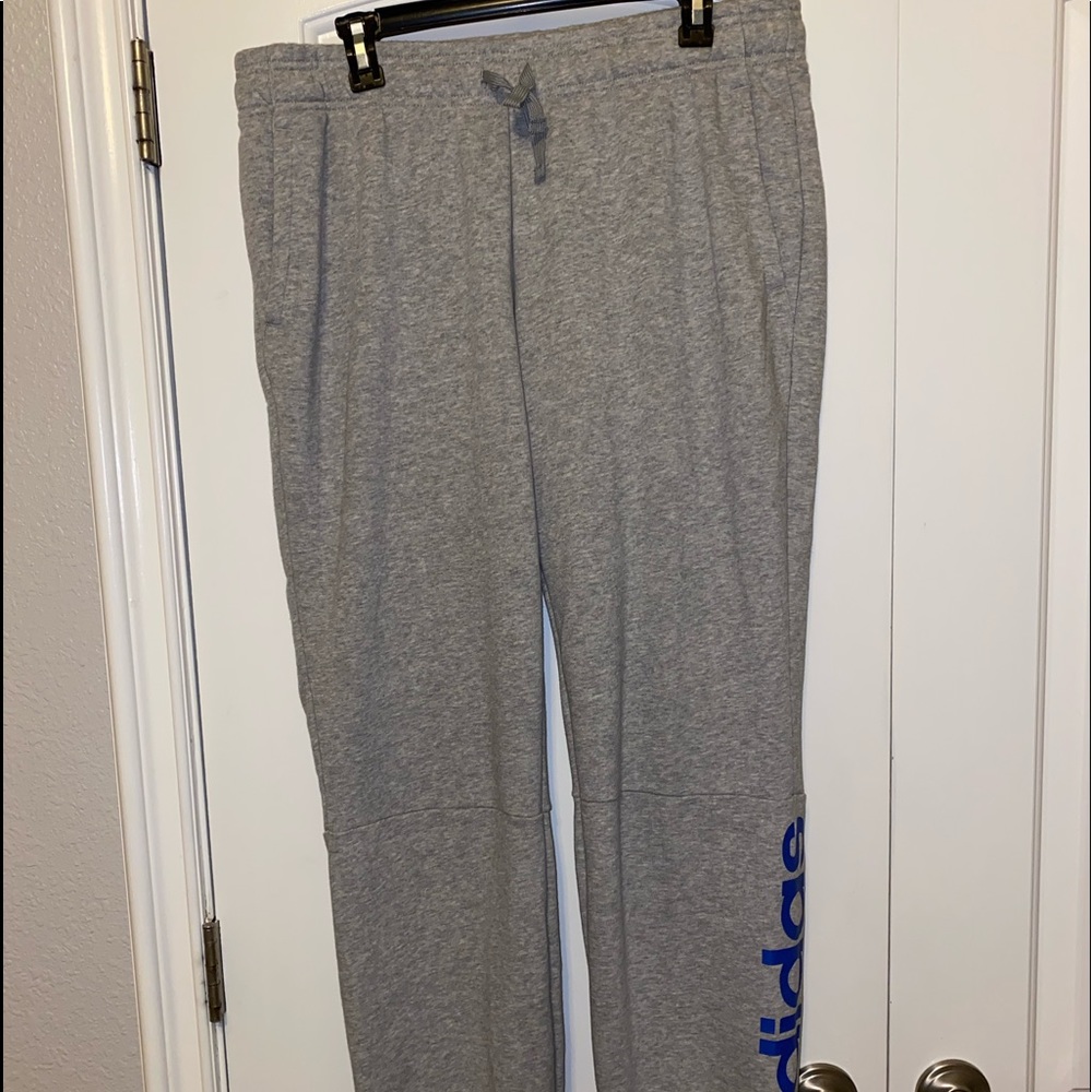 Grey Adidas Sweatpants with Blue Letters